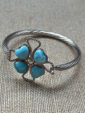 Vintage 22g Sterling Silver Dominican Larimar Clover Heart Bangle Bracelet